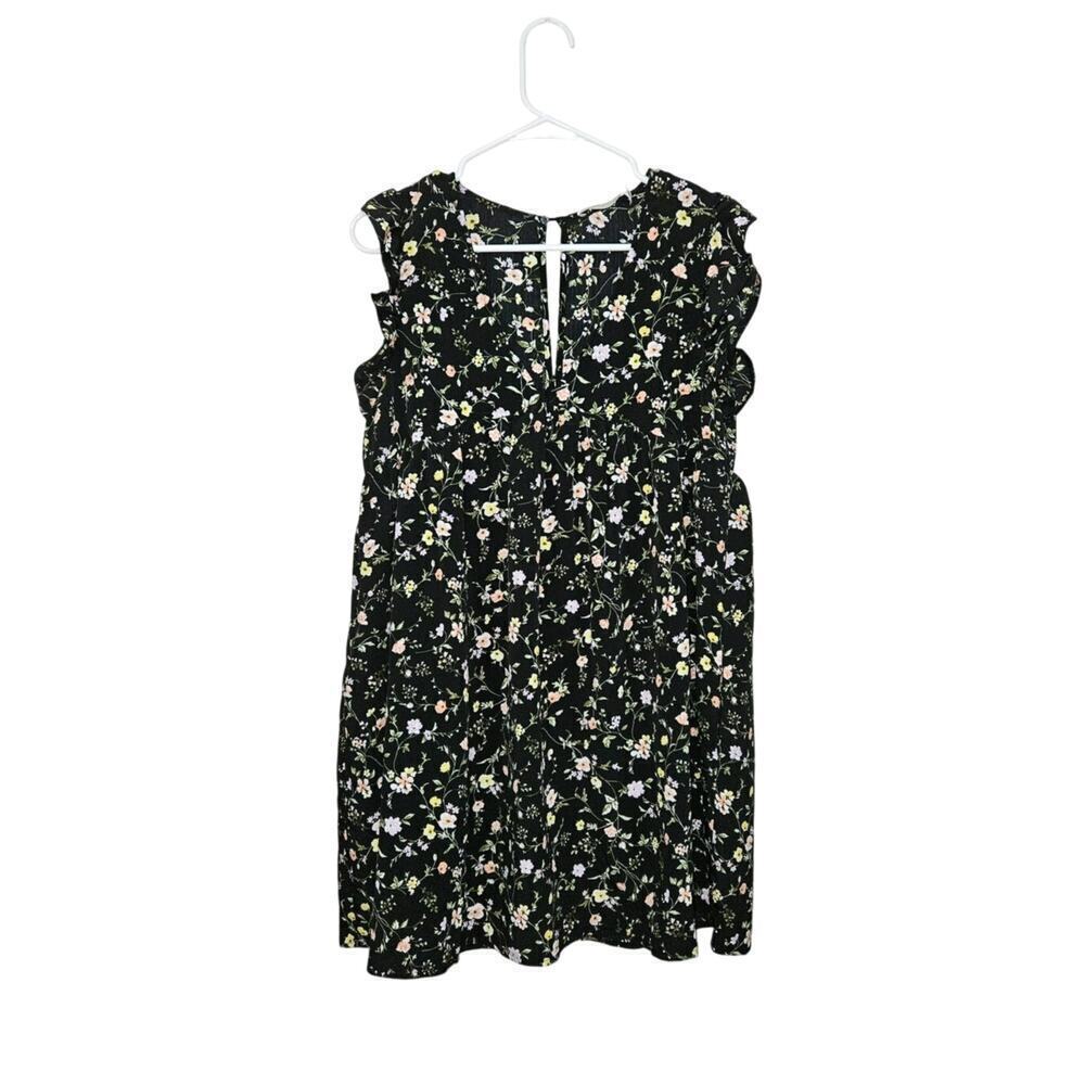 Mustard Seed Floral Short Sleeve V-Neck Key Hole Dress Romper Size M Pockets